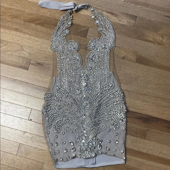 Silver Embellished Halter bedazzled Cocktail Dress - Picture 1 of 17